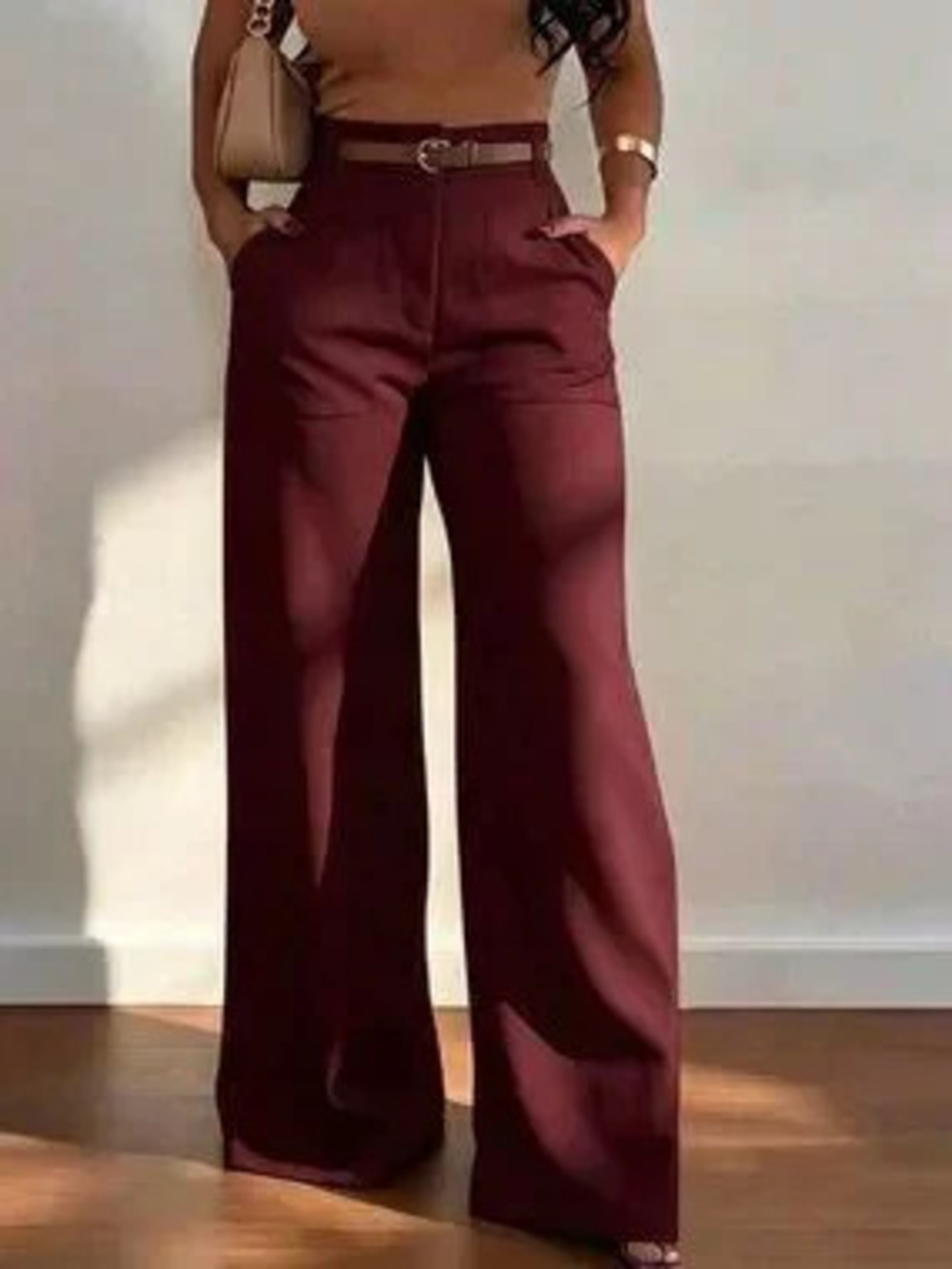 ZARA Burgundy Casual Women's High Waist Straight Leg Pants